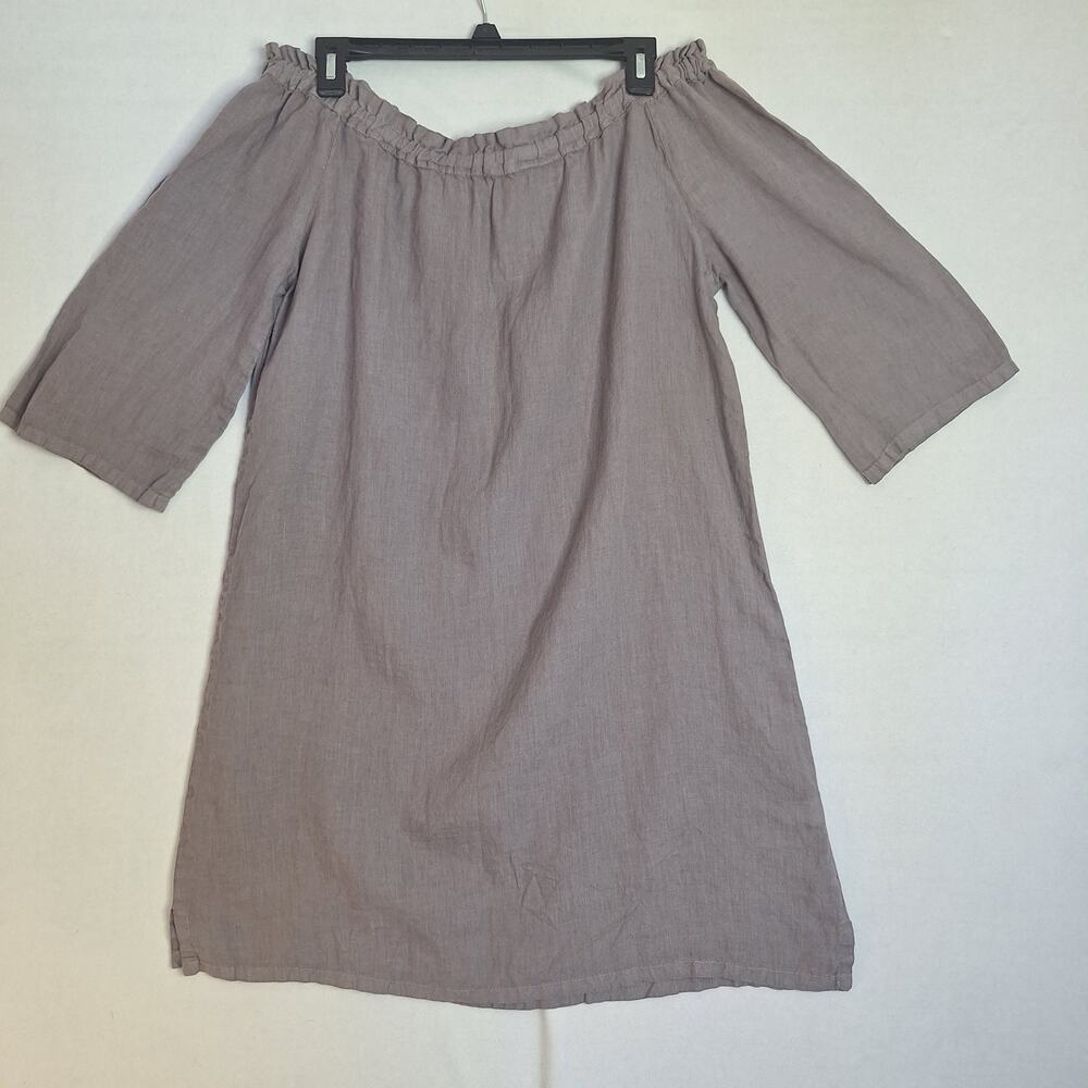 Allen Allen Linen Shift Dress Sz L USA Made Off Shoulder Resort Wear Lagen Look